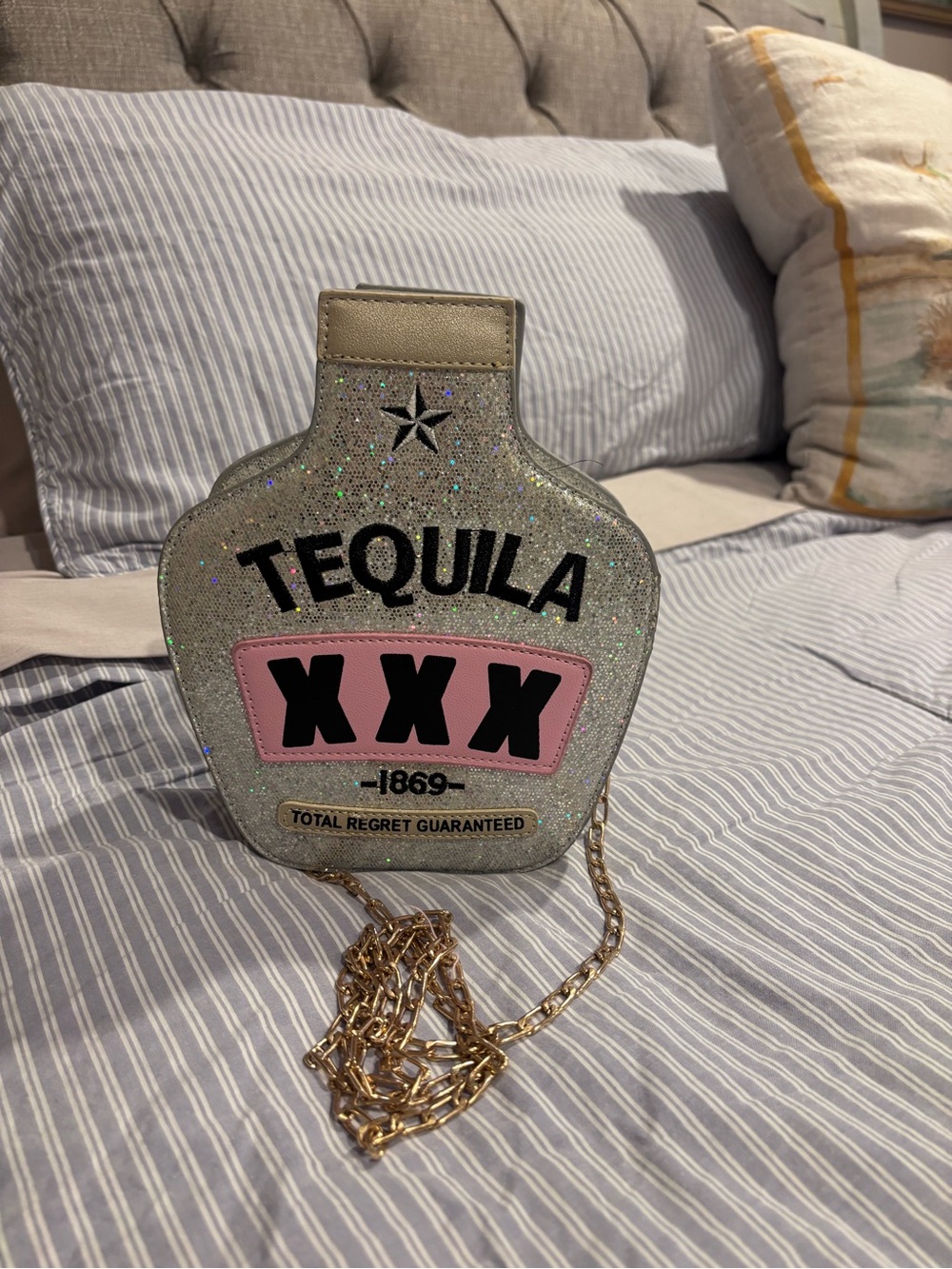Glitter Tequila Bottle Crossbody Bag in Silver and Pink